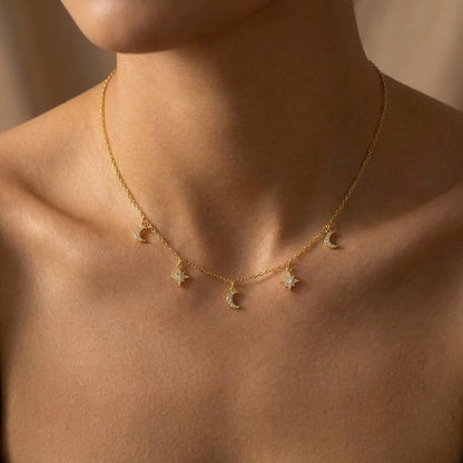 Celestial Charm Necklace | Sterling Silver Moon & Star Design with Adjustable Length | Elegant Layering Piece for Versatile Styling 0