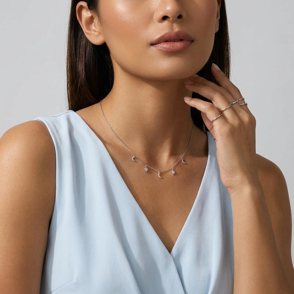 Celestial Charm Necklace | Sterling Silver Moon & Star Design with Adjustable Length | Elegant Layering Piece for Versatile Styling 4