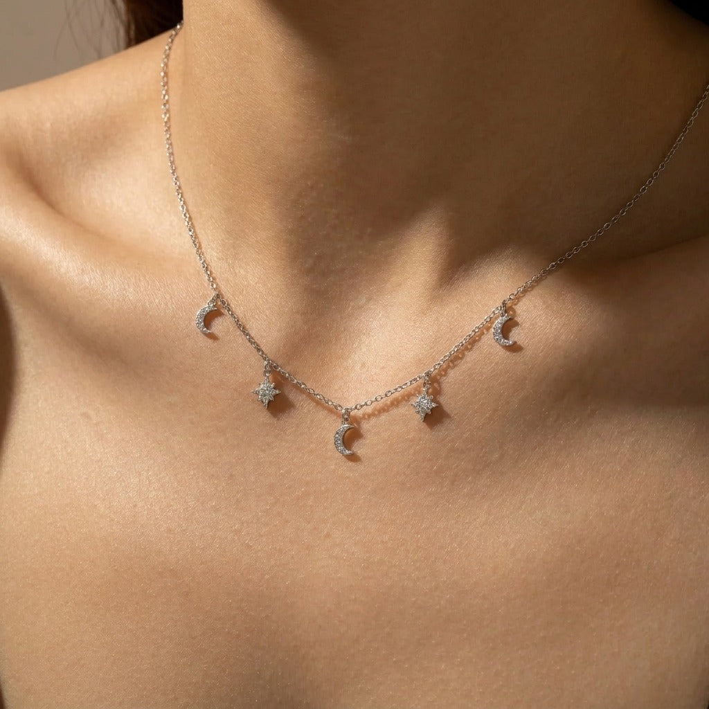 Celestial Charm Necklace | Sterling Silver Moon & Star Design with Adjustable Length | Elegant Layering Piece for Versatile Styling 5
