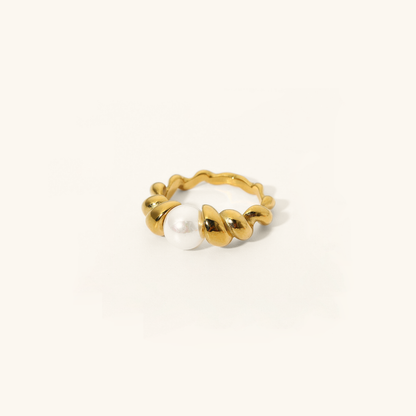 Freshwater Pearl Ring with Textured 18k Gold Band – Hypoallergenic and Water Resistant 0