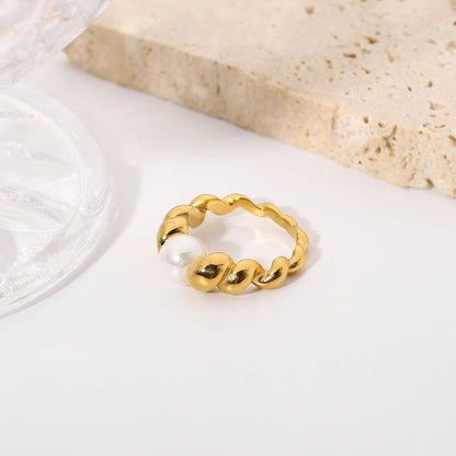 Freshwater Pearl Ring with Textured 18k Gold Band – Hypoallergenic and Water Resistant 6