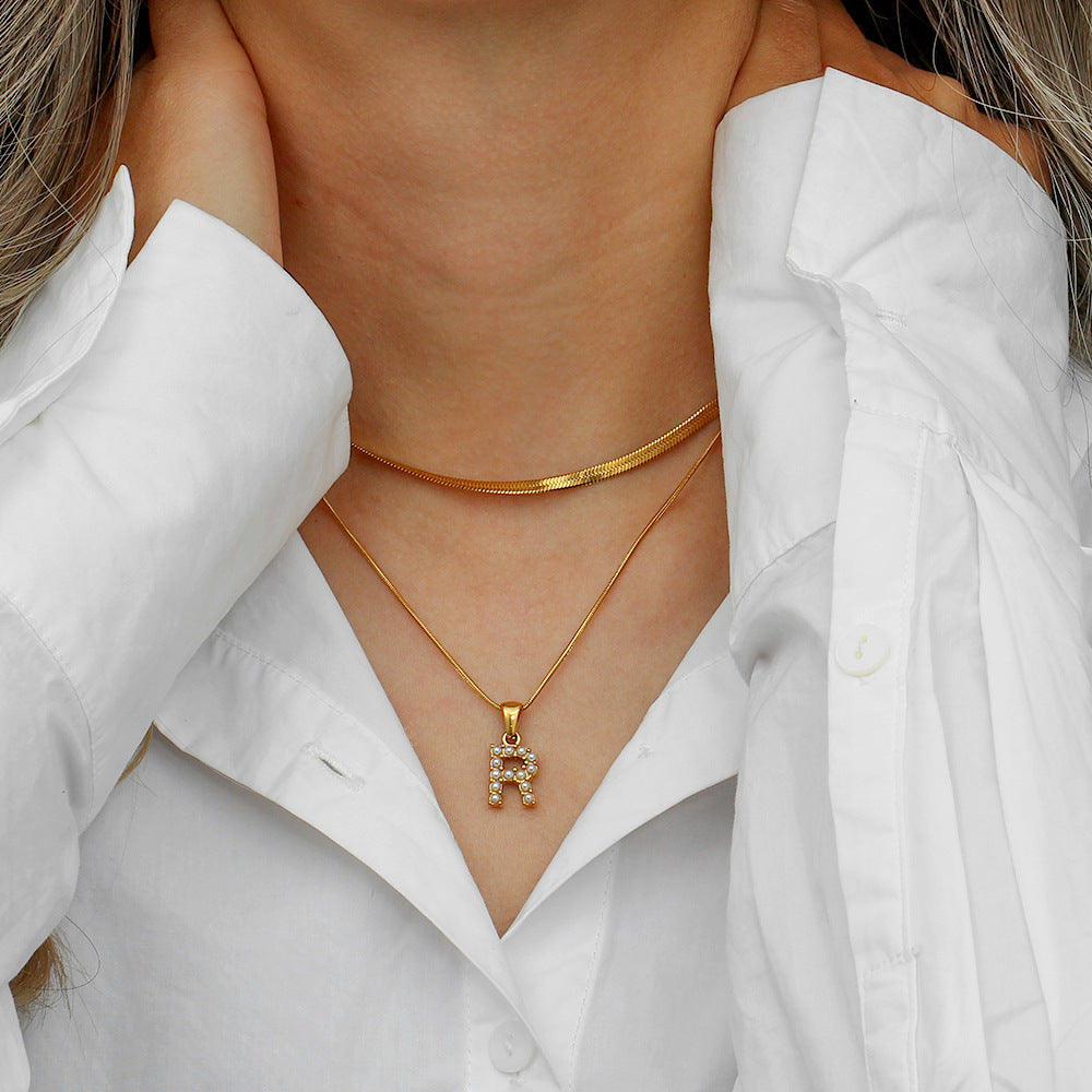 Layered Gold Initial Necklace with Freshwater Pearls – Waterproof, Hypoallergenic, 14-Inch Adjustable Length 1