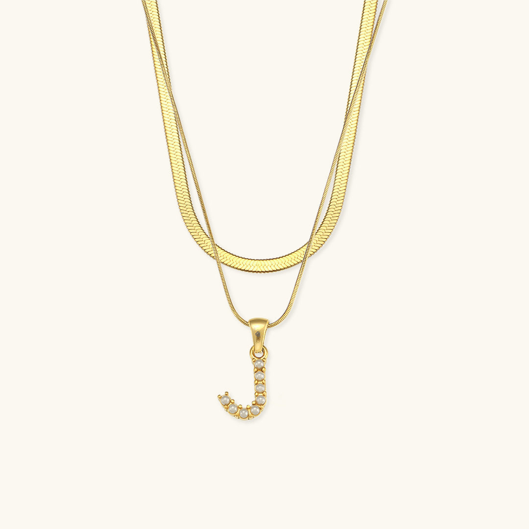 Layered Gold Initial Necklace with Freshwater Pearls – Waterproof, Hypoallergenic, 14-Inch Adjustable Length 14