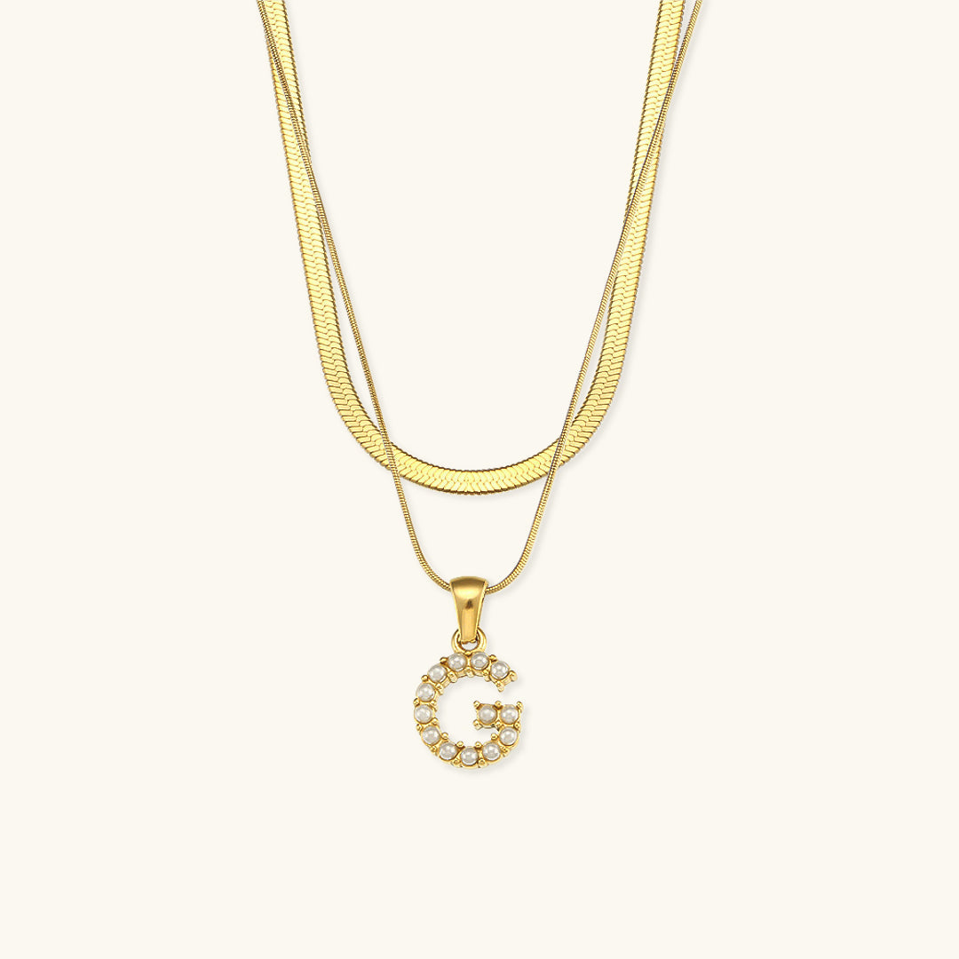 Layered Gold Initial Necklace with Freshwater Pearls – Waterproof, Hypoallergenic, 14-Inch Adjustable Length 20