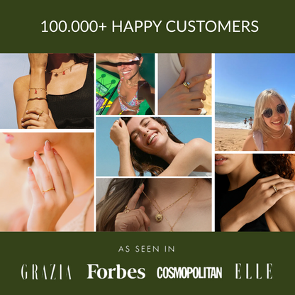 Collage of people wearing jewelry with text about happy customers and media mentions.